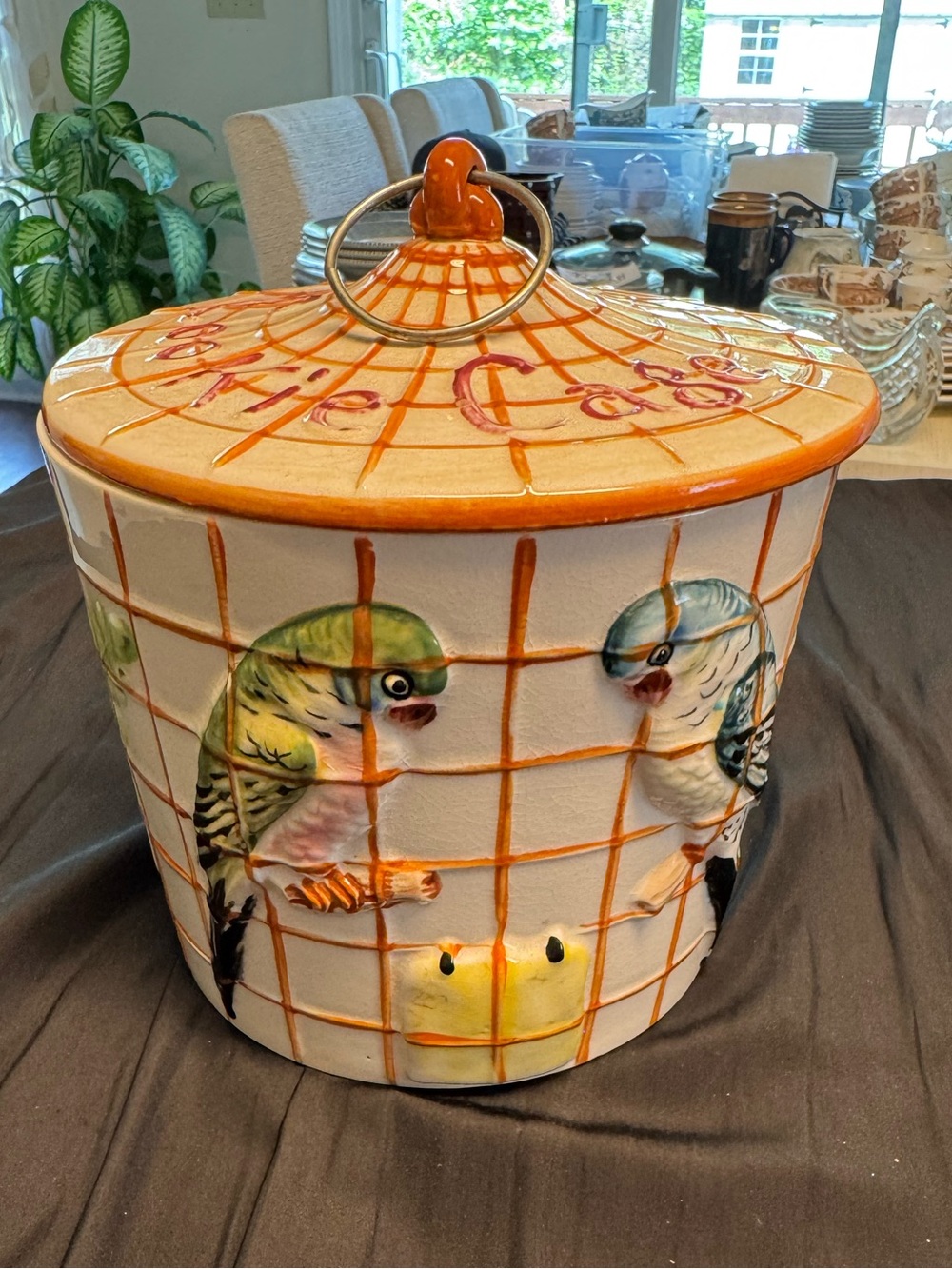 Vintage ceramic Parakeet Cookie Jar with Orange Lid